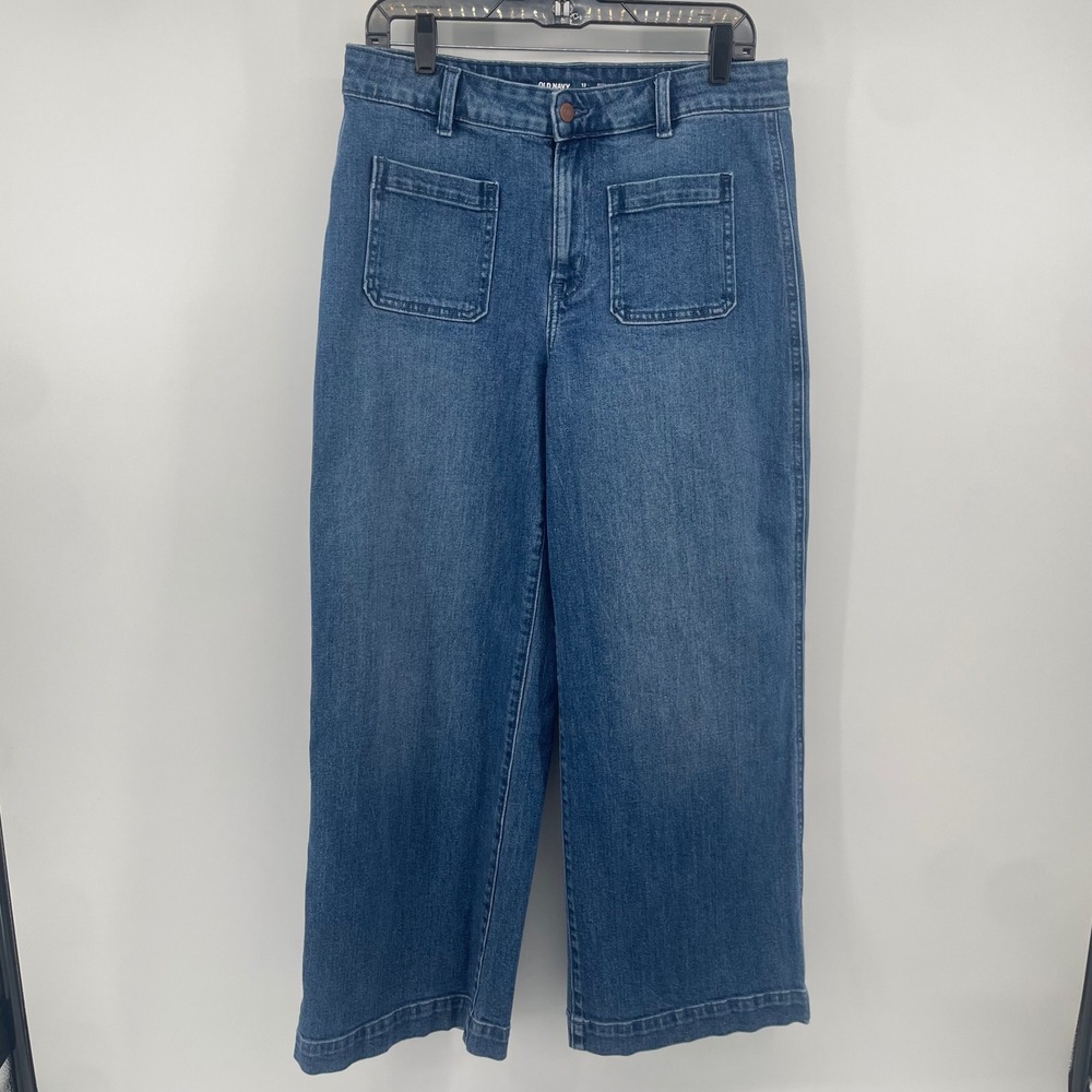 Old Navy Wide Leg Jeans Womens 12 Petite Blue Extra High Rise Patch Pocket Denim